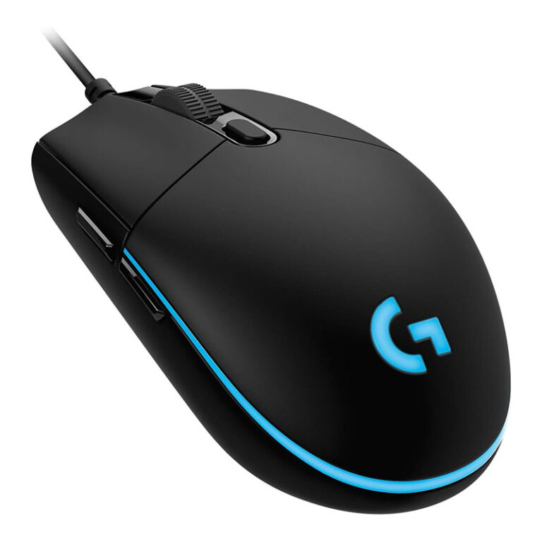 Souris gamer Logitech G Pro HERO vue de face avec logo lumineux