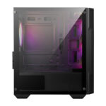 Vue latérale du boîtier MSI MAG FORGE M100A RGB montrant la vitre en verre trempé
