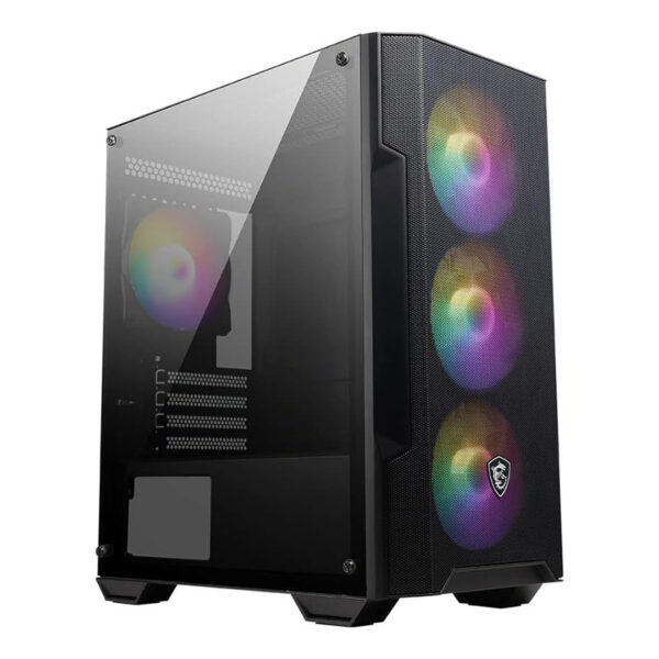 Boîtier MSI MAG FORGE M100A RGB vue de face avec ventilateurs RGB allumés